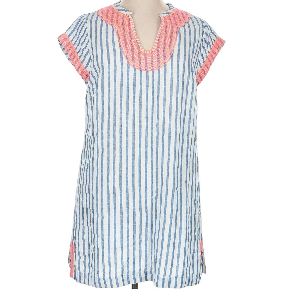 Boden Blue & White Striped Linen Tunic/Dress W/Neon Coral Embroidered Trim - 14R